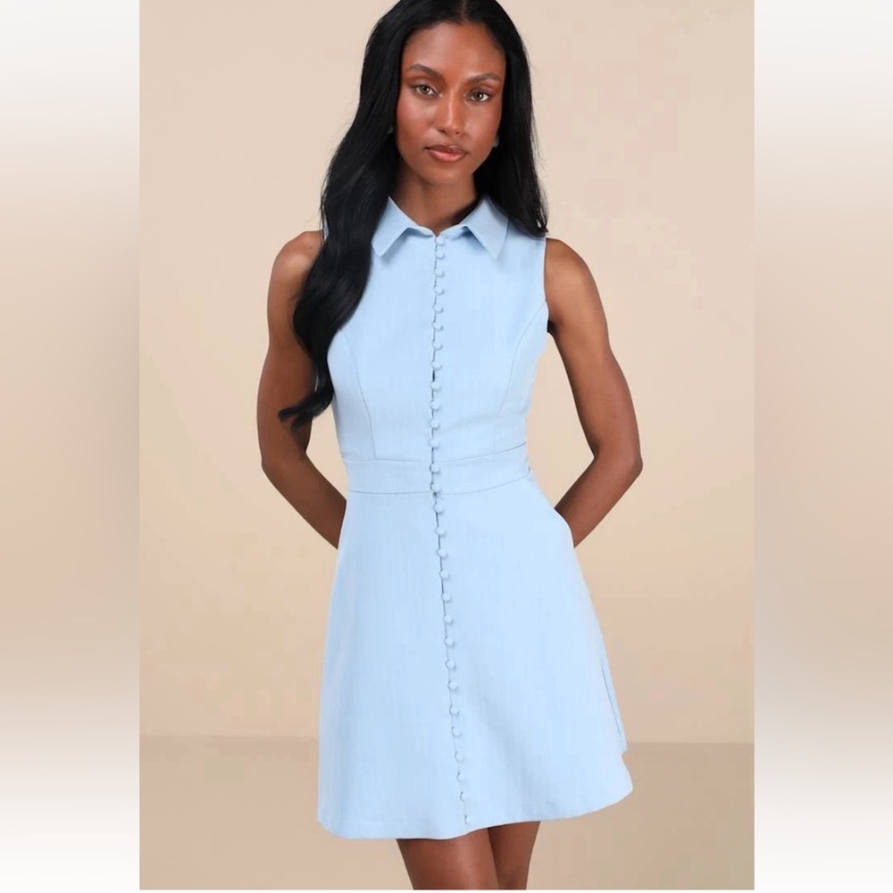 Lulus Blue Pinstriped Collared Mini Dress With Pockets NWT Size L Large - Picture 3 of 11